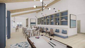 a rendering of a clubhouse with a pool table and dining area